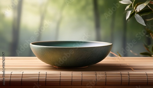 Elegant Ceramic Bowl A Minimalist Ceramic Bowl Rests On A Bamboo Base Displaying A Touch Of Serene Simplicity And Natural Design