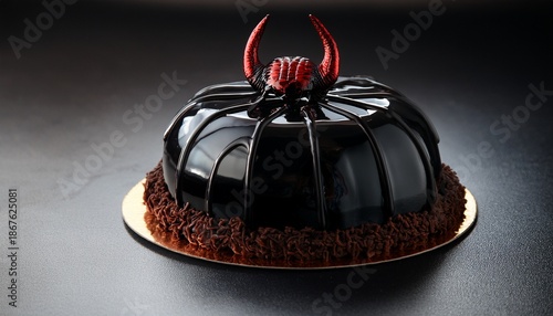 Ominous Gothic Dessert With Glossy Glaze And Devilish Details Evoking Eerie Fantasy And Dark Celebrations