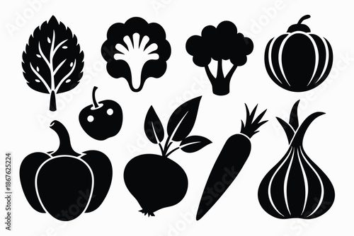 Set of 8 essential vegetable silhouettes, presented in a minimalist black and white style for diverse design needs.