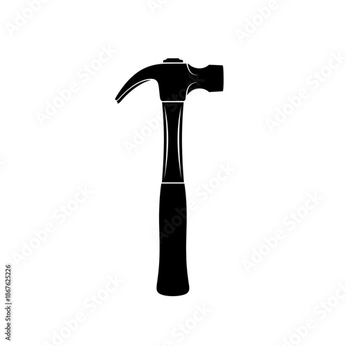 A simple black silhouette illustration of a standard claw hammer tool