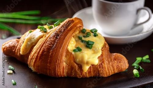 A Savory Croissant Topped With Melted Cheese And Chives Beside A Steaming Cup Of Coffee