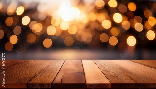 Wooden Table Surface With Warm Bokeh Blurred Lights