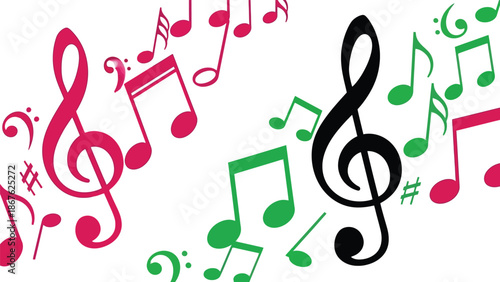 Colorful musical notes and clef symbols floating in a vibrant artistic composition
