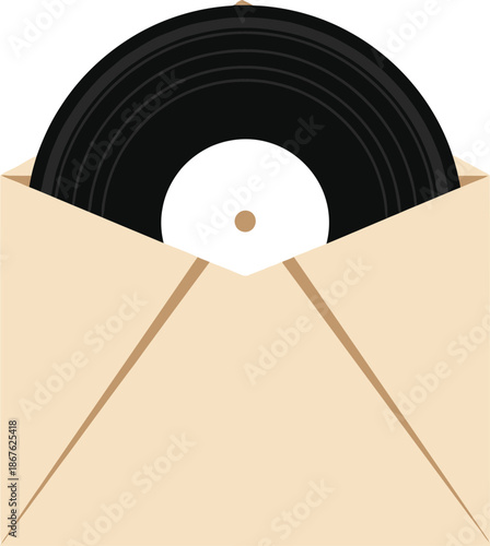 A vinyl record partially emerging from a light brown paper envelope