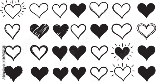 A diverse collection of hand-drawn heart shapes in various styles, symbolizing love and affection