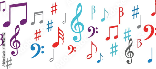 Colorful arrangement of various musical notes and symbols on a white background