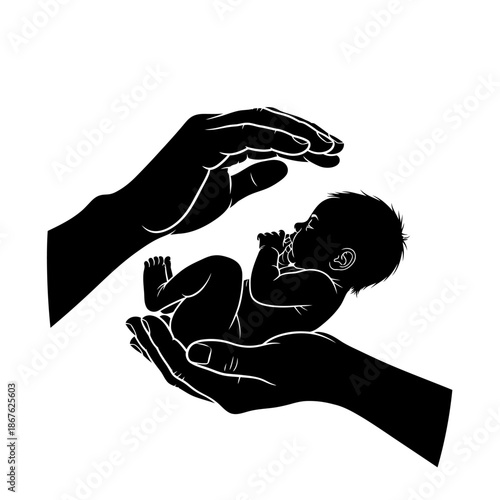Protecting new life a silhouette of hands cradling a sleeping baby