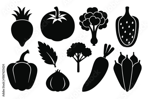 Eight essential vegetable silhouettes in clear black and white, perfect for modern food branding and healthy living concepts.