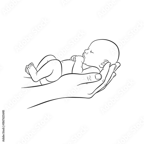 A delicate sketch of a newborn baby cradled gently in a protective hand
