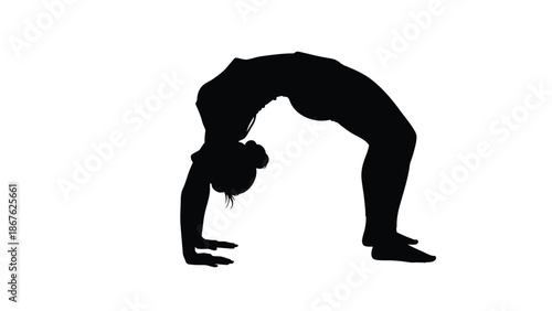 Silhouette of a person performing a backbend yoga pose against a white background