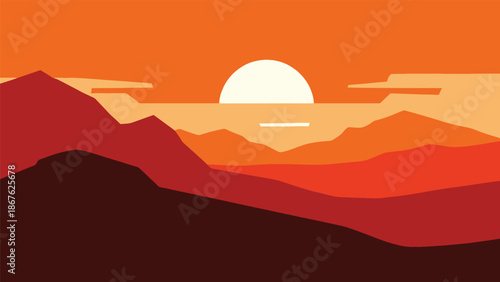 Minimalist landscape with a vibrant orange sunset and stylized mountain silhouettes