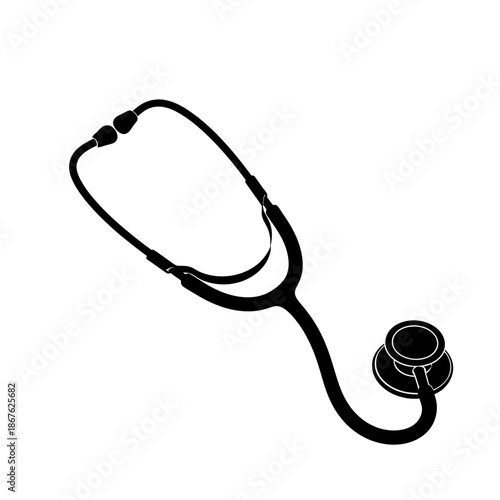 A black silhouette of a traditional medical stethoscope on a white background