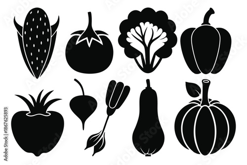 Modern vector set of 8 black and white vegetable silhouettes, isolated on white for easy use