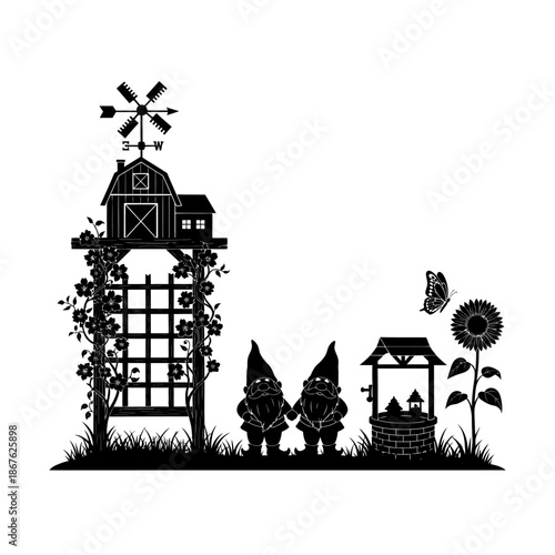 Garden scene featuring a windmill barn gnomes well and sunflower in silhouette