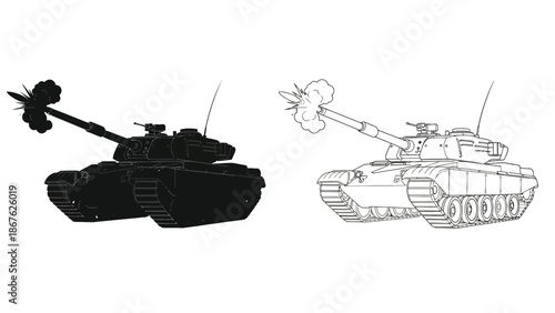 Detailed illustration of a tank firing shown in both solid and outline styles
