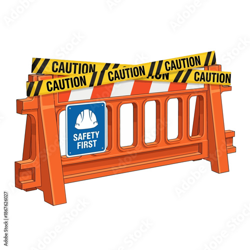 Orange plastic barricade with caution tape and a safety first sign
