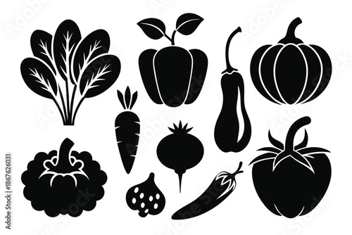 Set of 8 clean vegetable silhouettes in black and white, ideal for minimalist food design projects