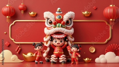 Chinese New Year red and gold background with lion dance characters and empty golden banner