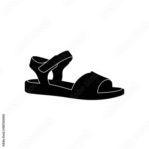 Simple black silhouette of a single summer sandal isolated on a white background