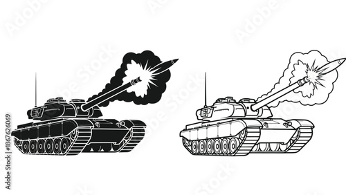 Two tanks firing artillery with smoke plumes in a sketched monochrome style