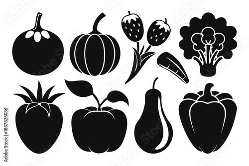 Eight monochrome vegetable food silhouettes presented as a stylish, modern graphic element set