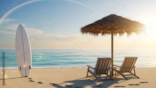 Idyllic beach scene with two empty lounge chairs and a surfboard standing upright on the sand under a straw umbrella with the ocean and sky in the background