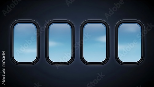 Airplane windows with clouds and blue sky visible through the panes