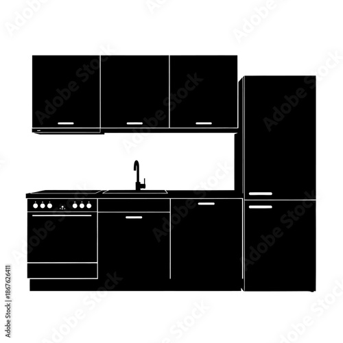 A minimalist black kitchen setup with appliances and sleek cabinetry
