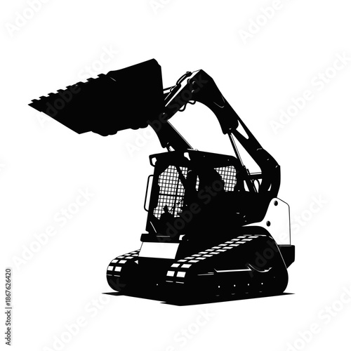 Silhouette of a compact track loader with raised bucket isolated on white