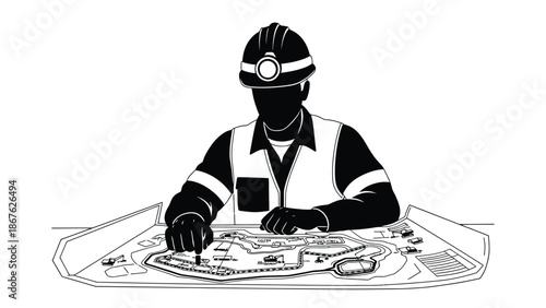 A silhouetted worker studies a detailed technical plan with a headlamp