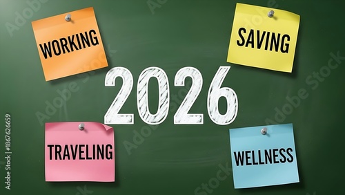 Planning for a Prosperous 2026 Setting Financial, Career, Travel, and Personal Well-being Goals on a Chalkboard