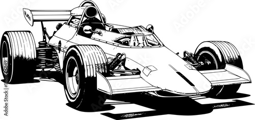 Retro race car with open cockpit and large tires in hand drawn black and white outline illustration artwork