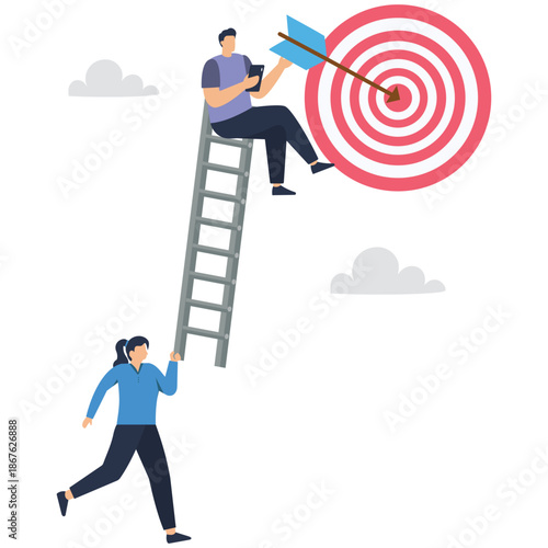 Flat vector style illustration of business leader launching dart at target while team supports ladder as symbol of strategic planning and teamwork stock illustration