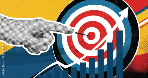 Hand pointing at target with rising graph, symbolizing business success and goal achievement.