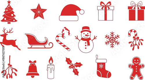 Festive collection of red Christmas icons and symbols on a white background