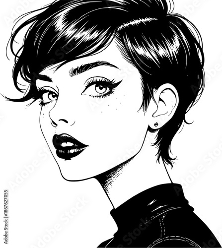 Black and white fashion illustration of a young woman with short, wavy hair, drawn with expressive ink lines and fine detail