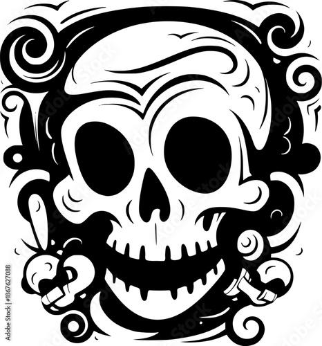 Playful skull face with large round eyes and toothy grin, swirling ornamental accents surrounds the head, black and white graphic