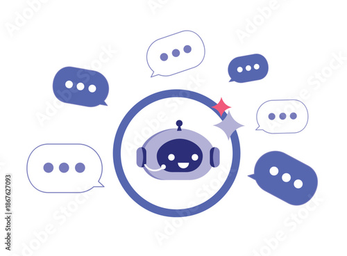 Chatbot icon features speech bubbles around of robot head, symbolizing automated communication, machine learning, ai artificial intelligence algorithm