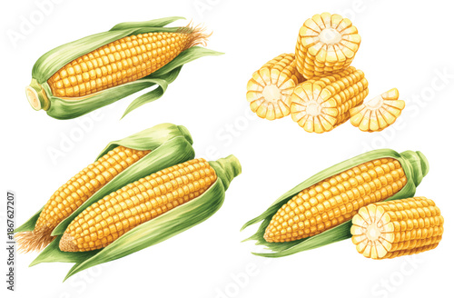 Fresh sweet corn in husk painted with soft watercolor strokes.
