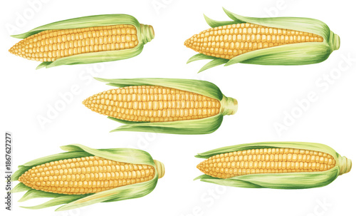 Fresh yellow maize with green husks in a hand-painted watercolor look.