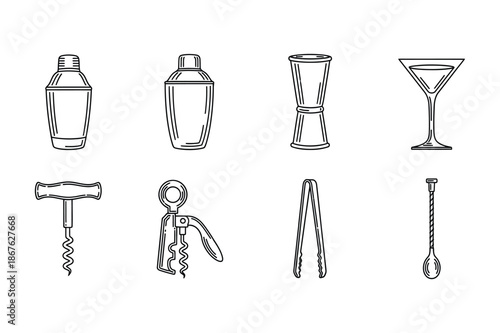 Cocktail bar professional tool set line icons