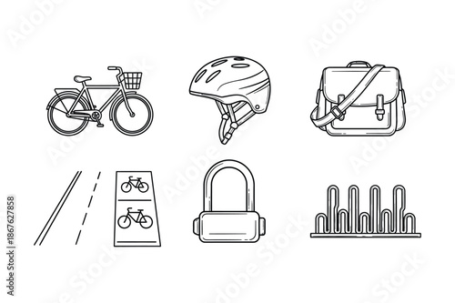 Bicycle commuting and cycling safety equipment icon set