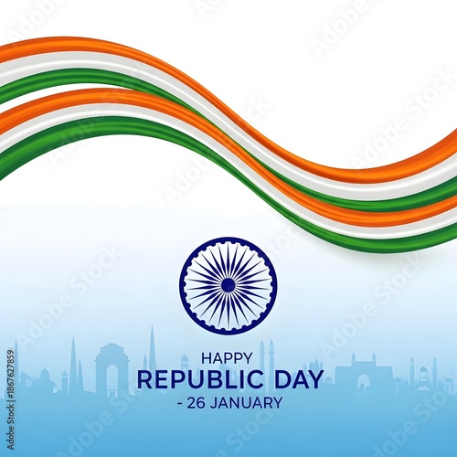Happy Republic Day India with Ashoka Chakra and Tricolor Flag Waves against City Skyline
