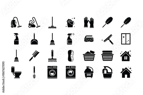 Professional cleaning services and housework equipment icon set