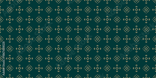 Vector geometric seamless pattern in ethnic style. Traditional nordic folk ornament. Gold and dark green background with squares, diamonds, flower silhouettes. Abstract repeat design for decor, print
