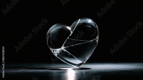 Transparent glass heart with a visible crack placed on a dark surface with dramatic lighting and copy space.