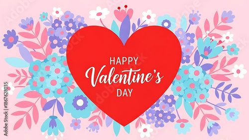 Happy valentines day greeting card with floral design and heart