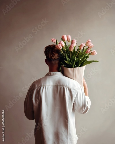 Man standing with his back to the camera, holding a bouquet of pink tulips wrapped in fabric against a plain wall.