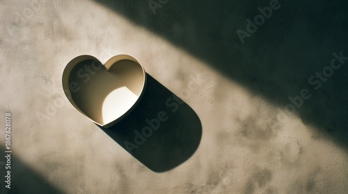 Metal heart shaped form casting a strong shadow on a textured surface with directional light and copy space.