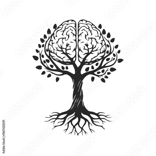 Human brain tree with roots and leaves vector illustration. Concept of mental health, psychology, personal growth, and intellectual development. Creative brain tree symbol isolated on white.